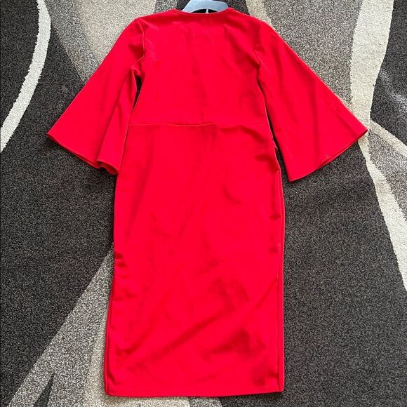 Boohoo Red Wrap Midi Dress | Tie Waist Wide Sleeve | Size 12 - Picture 3 of 5